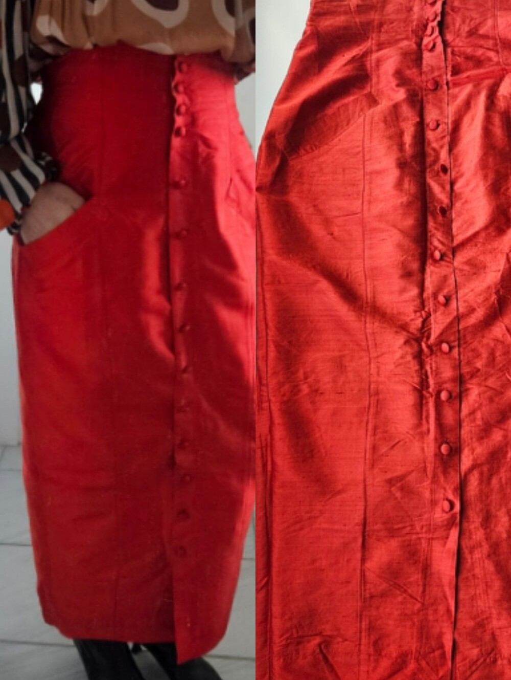 Chacok France Carmen Silk Orange Red High Waisted Button Down Midi Skirt